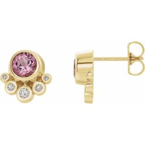 Ladies Natural Pink Tourmaline Natural Diamond Earrings — 14K Yellow Gold