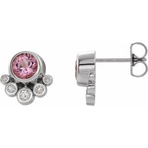 Ladies Natural Pink Tourmaline Natural Diamond Earrings — Sterling Silver