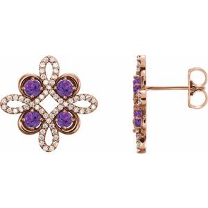 Ladies Natural Amethyst Natural Diamond Earrings — 14K Rose Gold