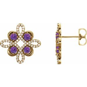 Ladies Natural Amethyst Natural Diamond Earrings — 14K Yellow Gold