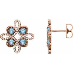 Ladies Natural Aquamarine Natural Diamond Earrings — 14K Rose Gold