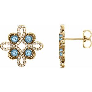 Ladies Natural Aquamarine Natural Diamond Earrings — 14K Yellow Gold