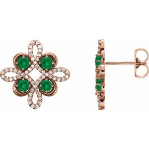 Ladies Natural Emerald Natural Diamond Earrings — 14K Rose Gold