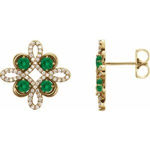 Ladies Natural Emerald Natural Diamond Earrings — 14K Yellow Gold