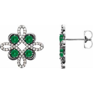 Ladies Natural Emerald Natural Diamond Earrings — Sterling Silver