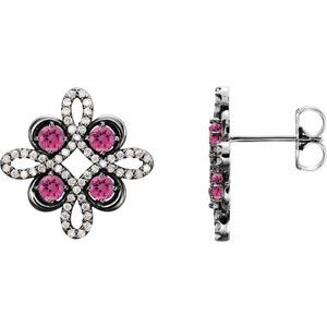 Ladies Natural Pink Tourmaline Natural Diamond Earrings — Sterling Silver