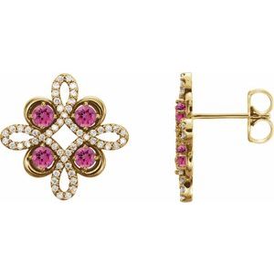 Ladies Natural Pink Tourmaline Natural Diamond Earrings — 14K Yellow Gold