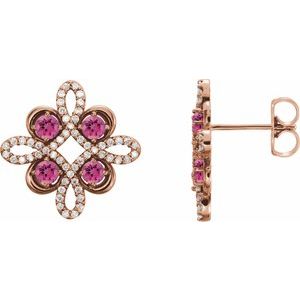 Ladies Natural Pink Tourmaline Natural Diamond Earrings — 14K Rose Gold