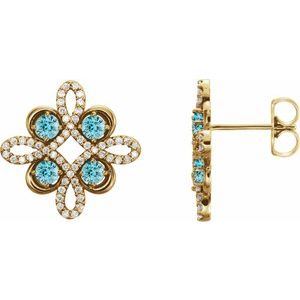 Ladies Natural Blue Zircon Natural Diamond Earrings — 14K Yellow Gold
