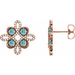 Ladies Natural Blue Zircon Natural Diamond Earrings — 14K Rose Gold
