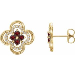 Ladies Natural Mozambique Garnet Natural Diamond Clover Earrings — 14K Yellow Gold