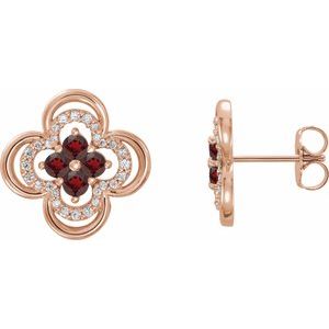 Ladies Natural Mozambique Garnet Natural Diamond Clover Earrings — 14K Rose Gold