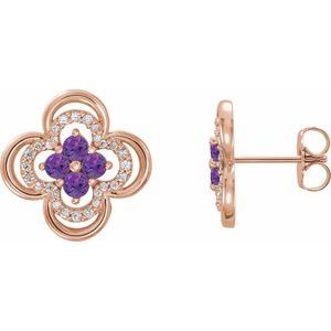 Ladies Natural Amethyst Natural Diamond Clover Earrings — 14K Rose Gold