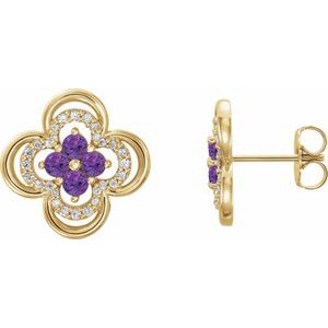 Ladies Natural Amethyst Natural Diamond Clover Earrings — 14K Yellow Gold