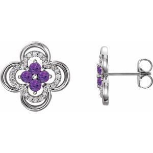Ladies Natural Amethyst Natural Diamond Clover Earrings — Sterling Silver