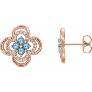 Ladies Natural Aquamarine Natural Diamond Clover Earrings — 14K Rose Gold
