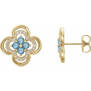 Ladies Natural Aquamarine Natural Diamond Clover Earrings — 14K Yellow Gold