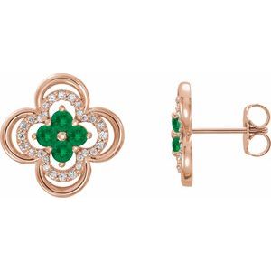 Ladies Natural Emerald Natural Diamond Clover Earrings — 14K Rose Gold