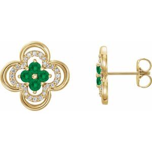 Ladies Natural Emerald Natural Diamond Clover Earrings — 14K Yellow Gold