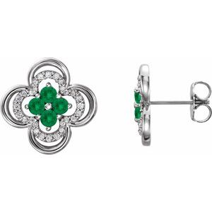 Ladies Natural Emerald Natural Diamond Clover Earrings — Sterling Silver