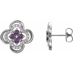 Ladies Natural Alexandrite Natural Diamond Clover Earrings — Sterling Silver