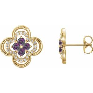 Ladies Natural Alexandrite Natural Diamond Clover Earrings — 14K Yellow Gold