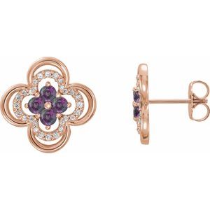 Ladies Natural Alexandrite Natural Diamond Clover Earrings — 14K Rose Gold