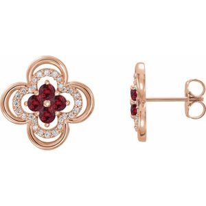 Ladies Natural Ruby Natural Diamond Clover Earrings — 14K Rose Gold