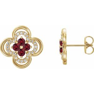 Ladies Natural Ruby Natural Diamond Clover Earrings — 14K Yellow Gold