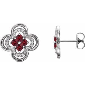 Ladies Natural Ruby Natural Diamond Clover Earrings — Sterling Silver