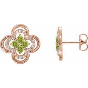 Ladies Natural Peridot Natural Diamond Clover Earrings — 14K Rose Gold