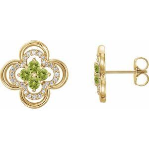 Ladies Natural Peridot Natural Diamond Clover Earrings — 14K Yellow Gold