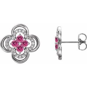 Ladies Natural Pink Tourmaline Natural Diamond Clover Earrings — Sterling Silver