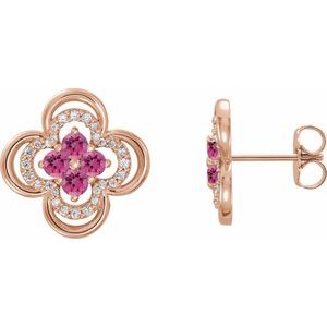 Ladies Natural Pink Tourmaline Natural Diamond Clover Earrings — 14K Rose Gold