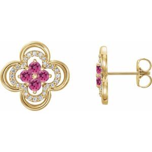 Ladies Natural Pink Tourmaline Natural Diamond Clover Earrings — 14K Yellow Gold