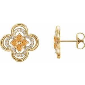 Ladies Natural Citrine Natural Diamond Clover Earrings — 14K Yellow Gold