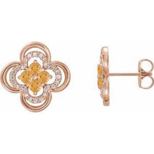 Ladies Natural Citrine Natural Diamond Clover Earrings — 14K Rose Gold