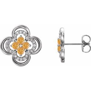 Ladies Natural Citrine Natural Diamond Clover Earrings — Sterling Silver