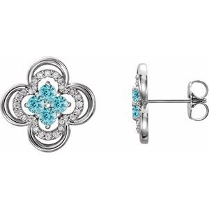 Ladies Natural Blue Zircon Natural Diamond Clover Earrings — Sterling Silver