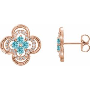 Ladies Natural Blue Zircon Natural Diamond Clover Earrings — 14K Rose Gold