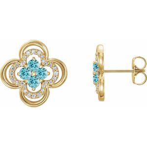 Ladies Natural Blue Zircon Natural Diamond Clover Earrings — 14K Yellow Gold