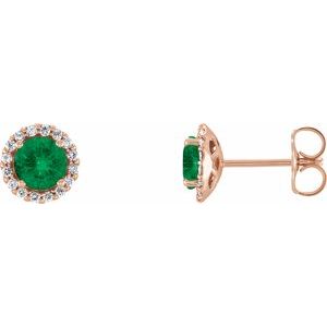 Ladies 3 mm Natural Emerald Natural Diamond Earrings — 14K Rose Gold