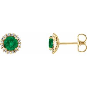 Ladies 3 mm Natural Emerald Natural Diamond Earrings — 14K Yellow Gold