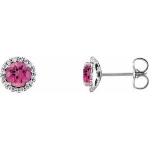 Ladies 3 mm Natural Pink Tourmaline Natural Diamond Earrings — Sterling Silver