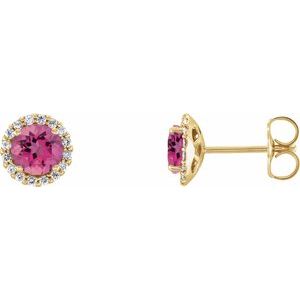 Ladies 3 mm Natural Pink Tourmaline Natural Diamond Earrings — 14K Yellow Gold