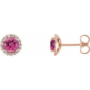 Ladies 3 mm Natural Pink Tourmaline Natural Diamond Earrings — 14K Rose Gold