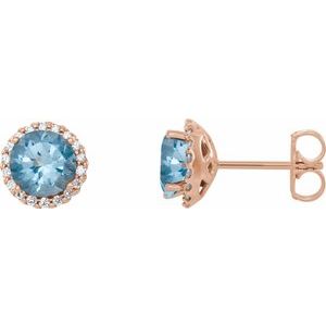 Ladies 3 mm Natural Aquamarine Natural Diamond Earrings — 14K Rose Gold