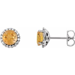 Ladies 3 mm Natural Citrine Natural Diamond Earrings — Sterling Silver