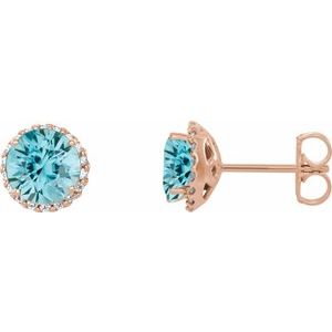 Ladies 3 mm Natural Blue Zircon Natural Diamond Earrings — 14K Rose Gold