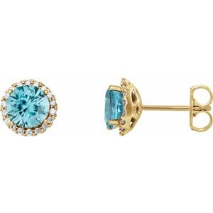Ladies 3 mm Natural Blue Zircon Natural Diamond Earrings — 14K Yellow Gold